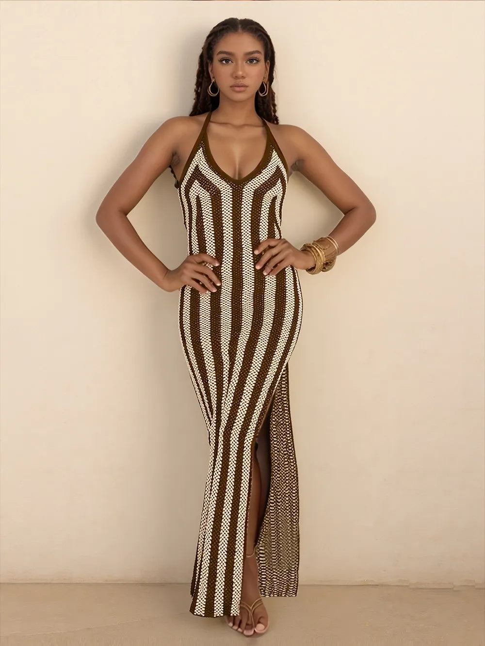 Striped Halter-Neck Dress in Tan