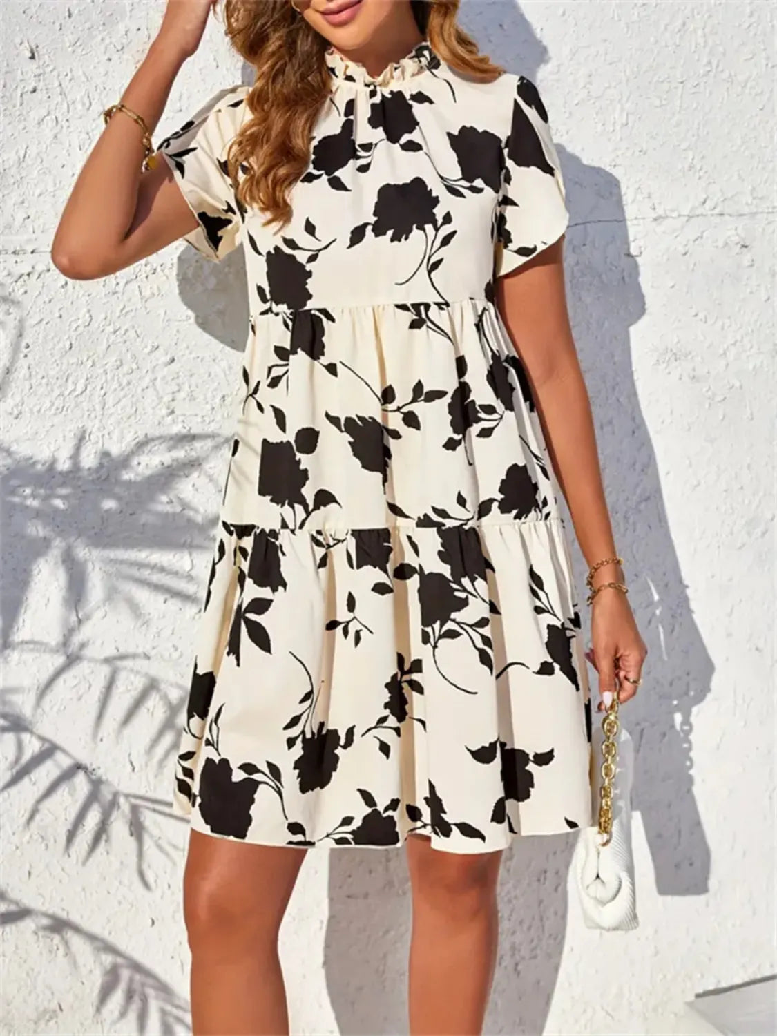 Printed Frill Tiered Mini Dress in Tan
