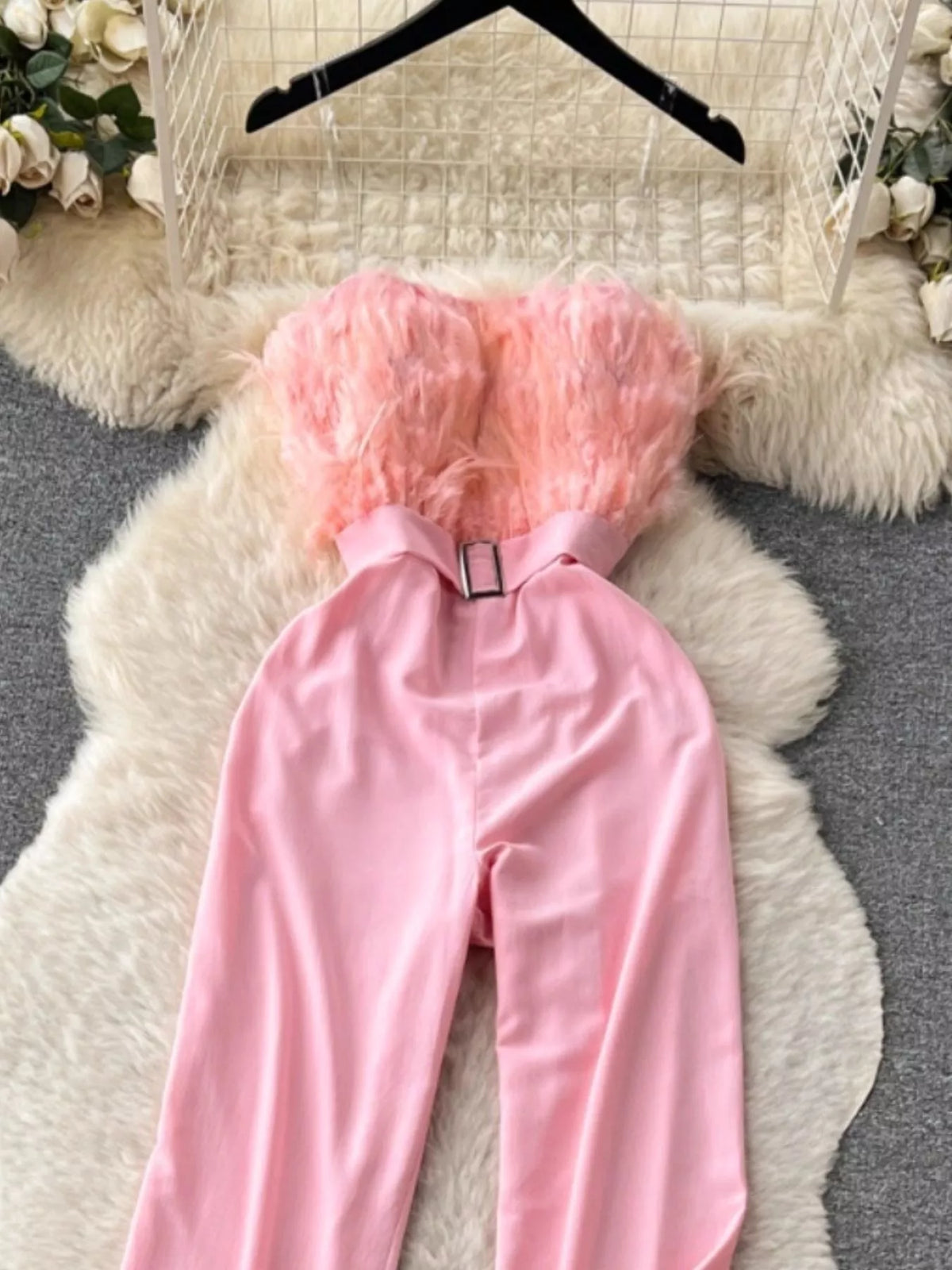 Feather-Trim Strapless Wide Leg Jumpsuit