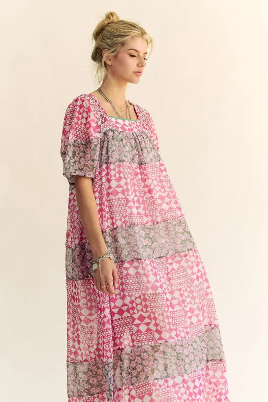 Multi Floral Square Neck Puff Sleeve Maxi Dress in Indian Pink