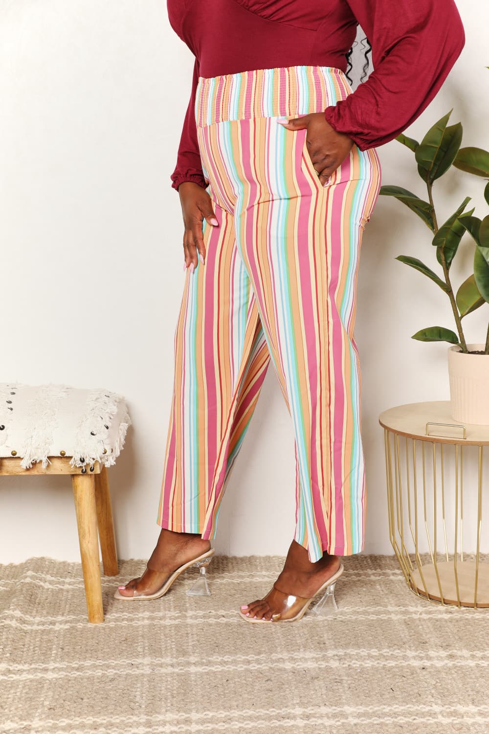 Double Take Striped Smocked Waist Pants with Pockets in Multicolor