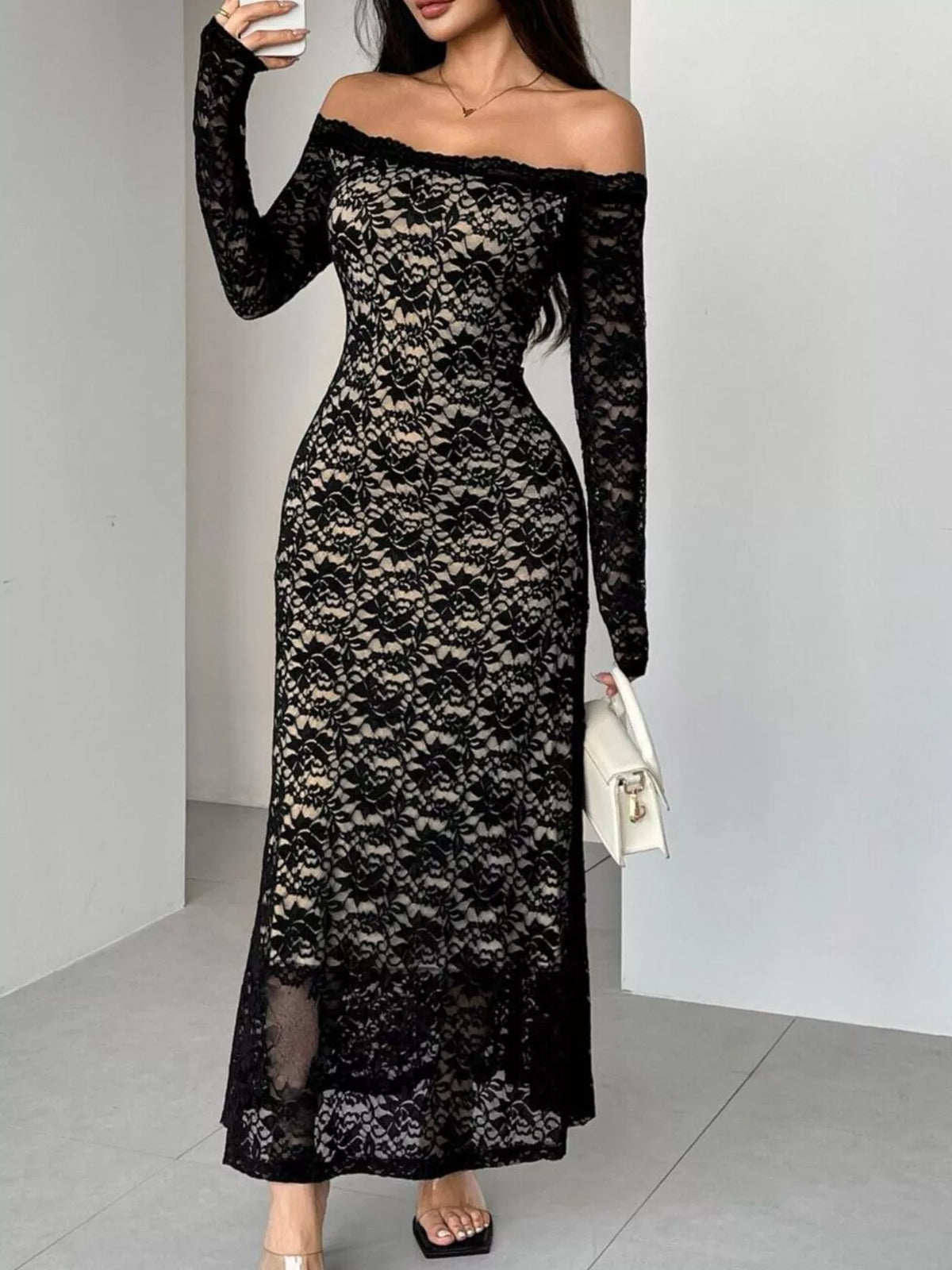 Off-Shoulder Lace Maxi Dress in Black