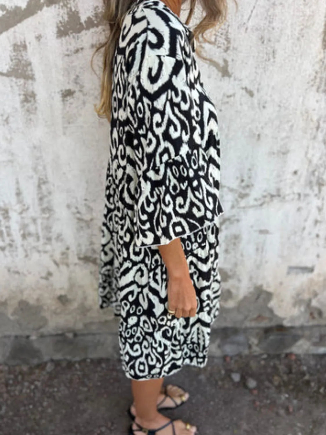 Notched Half Sleeve Printed Plus Size Dress