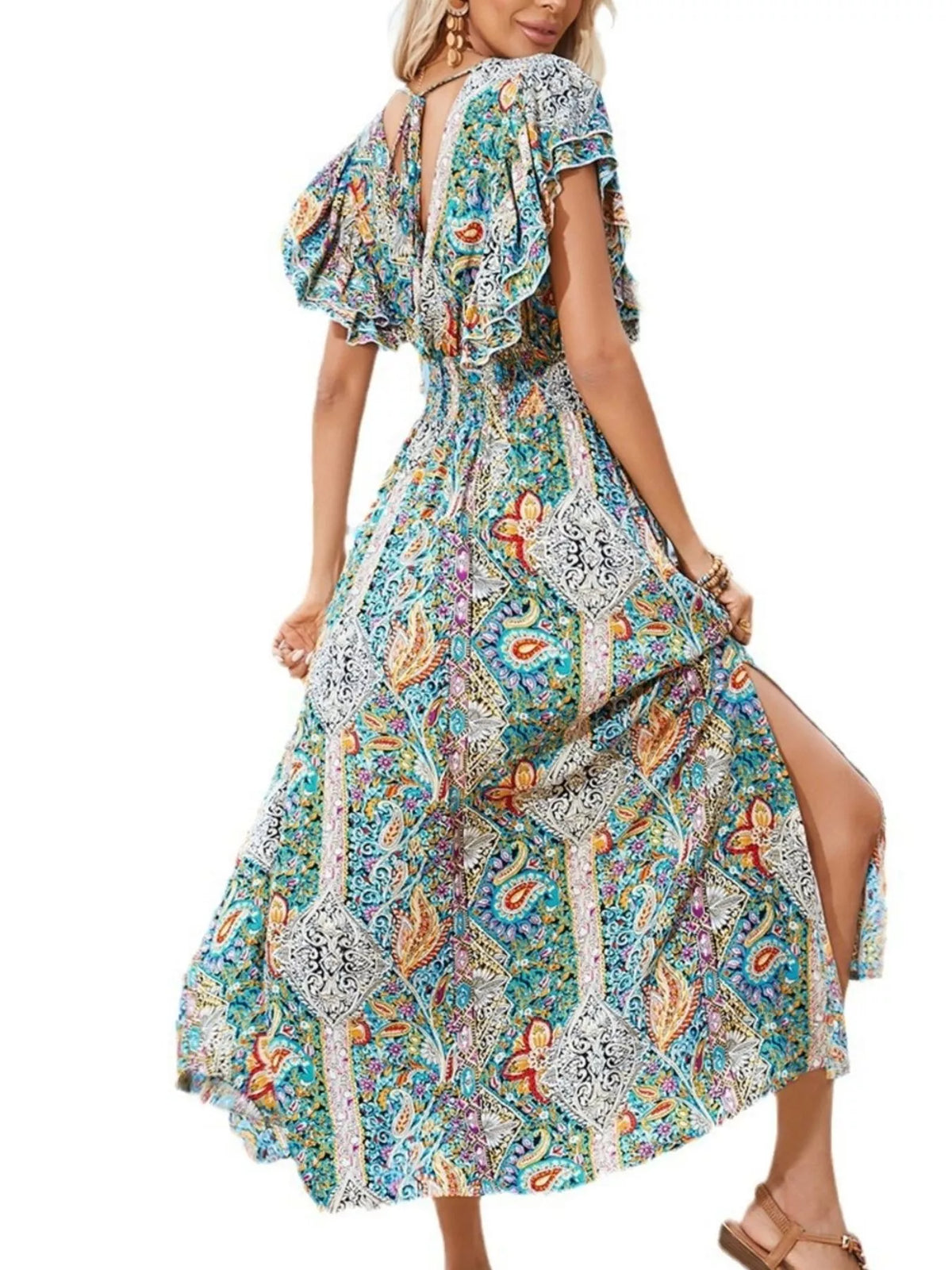 Paisley Print Flutter Sleeve Maxi Dress in Multicolor