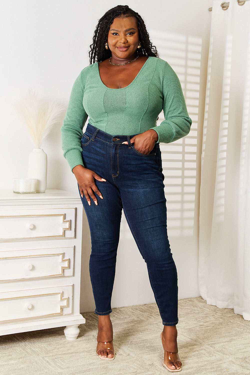 Basic Bae Scoop Neck Long Sleeve Top in Green