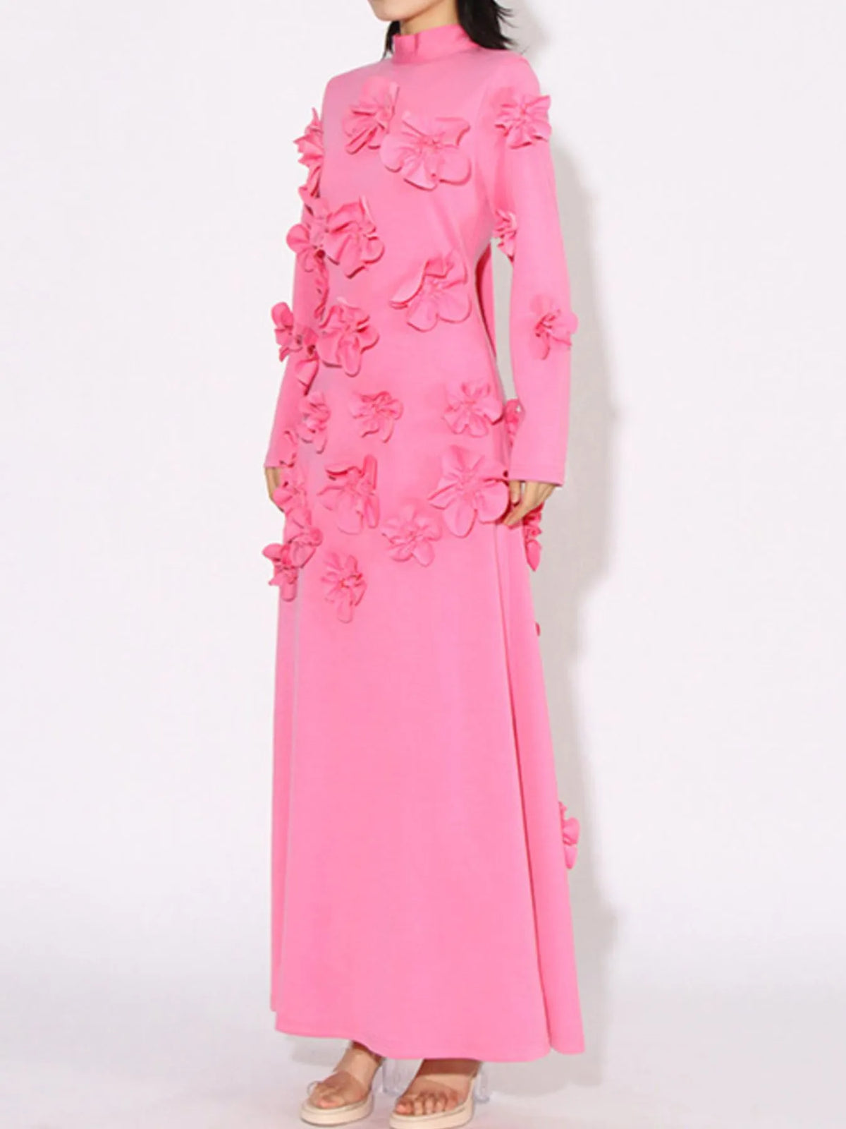 Floral Applique Long Sleeve Maxi Dress in Pink