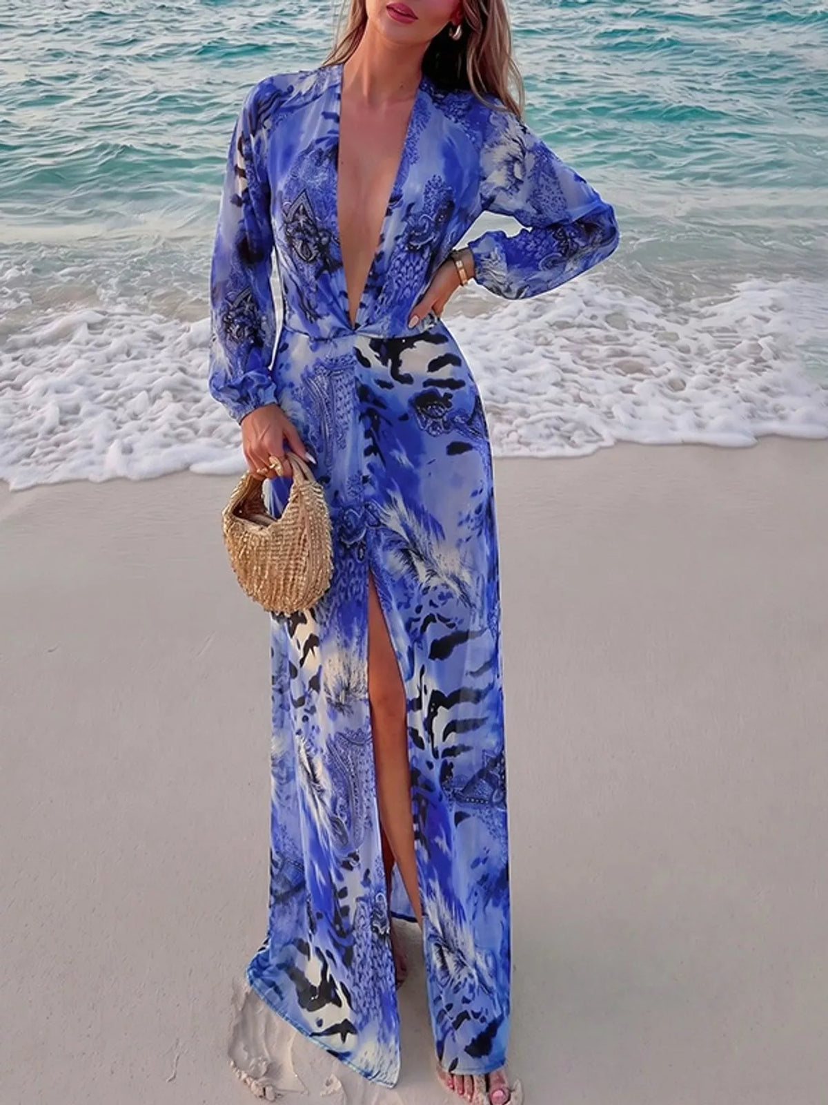 Deep V-Neck Long Sleeve Printed Maxi Dress