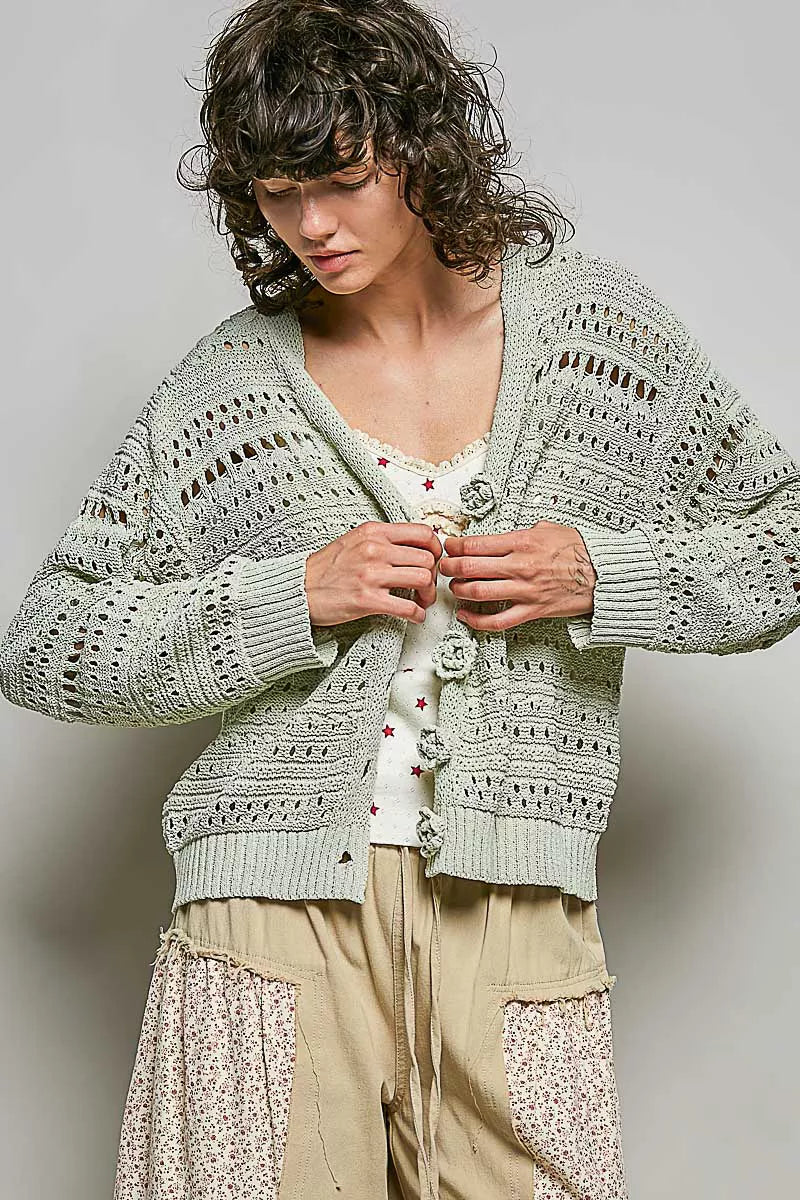 Lime Open-Knit Floral Button Cardigan by POL