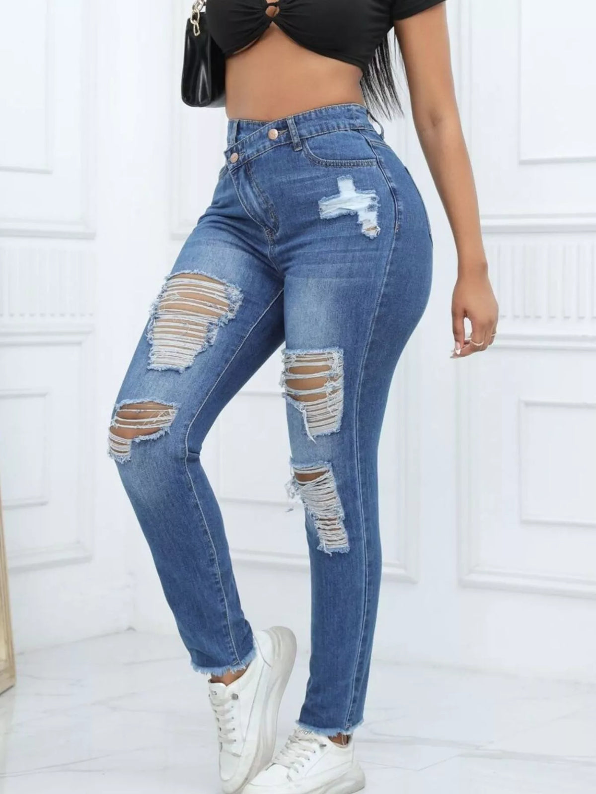 Distressed Raw Hem High-Waisted Jeans