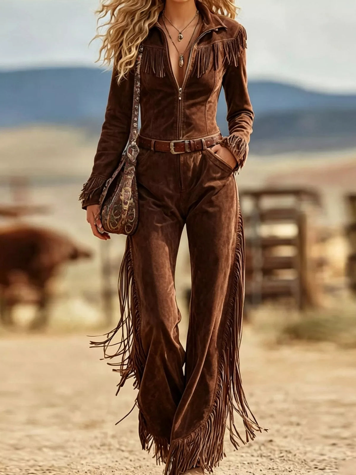 Western Fringe Jumpsuit with Zipper Front