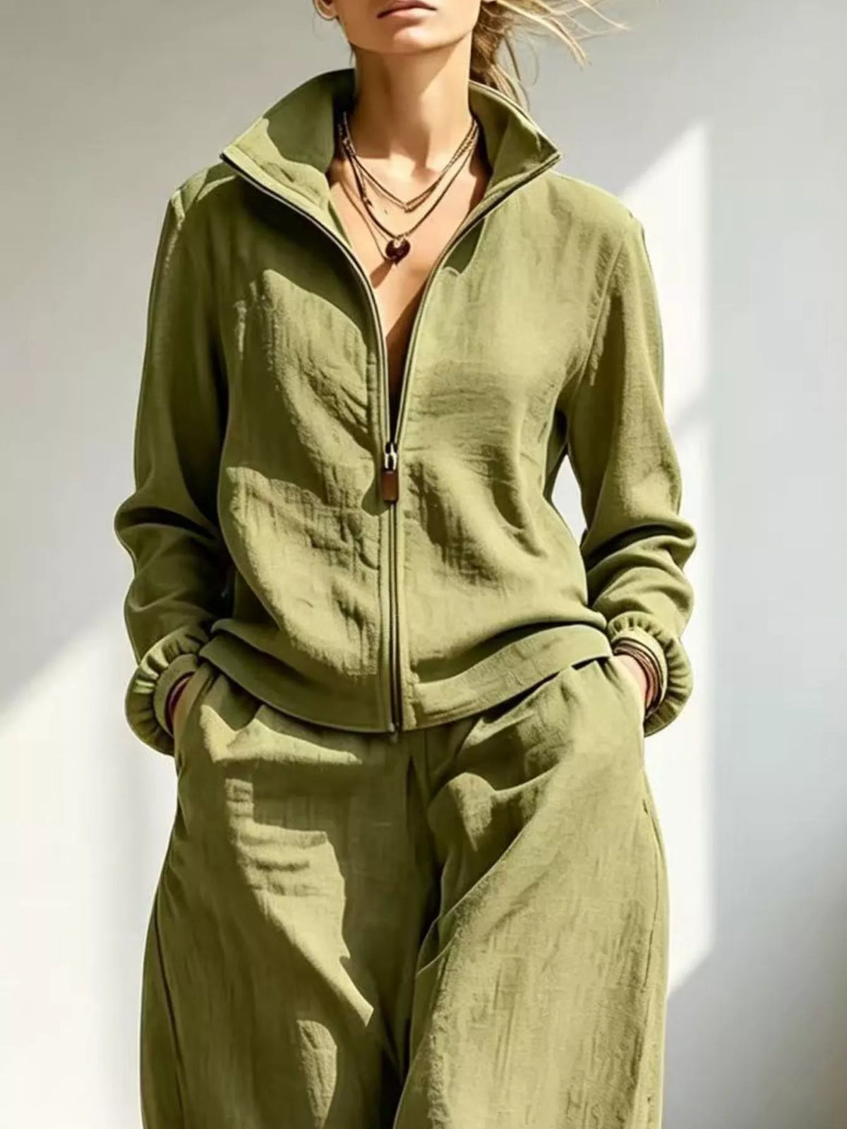 Zip-Up Jacket and Wide-Leg Pants Set in Peacock Blue