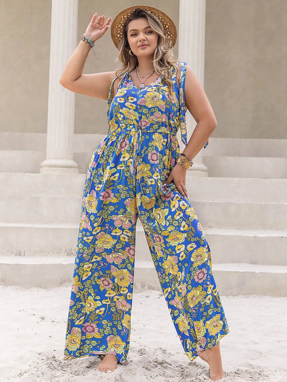 Plus Size Printed V-Neck Jumpsuit in Blue