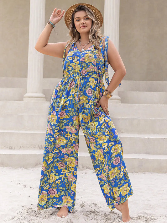 Plus Size Printed V-Neck Jumpsuit in Blue