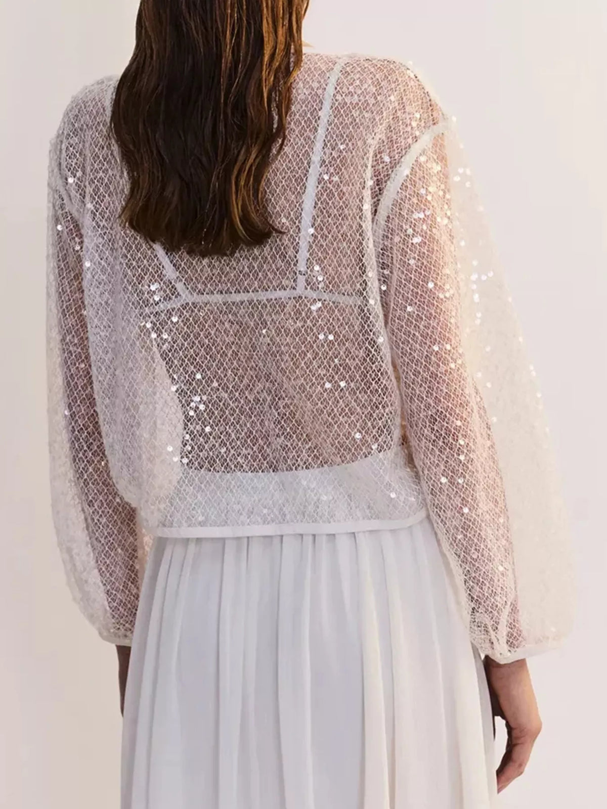 Sheer Sequin Mesh Cover-Up Top in Apricot