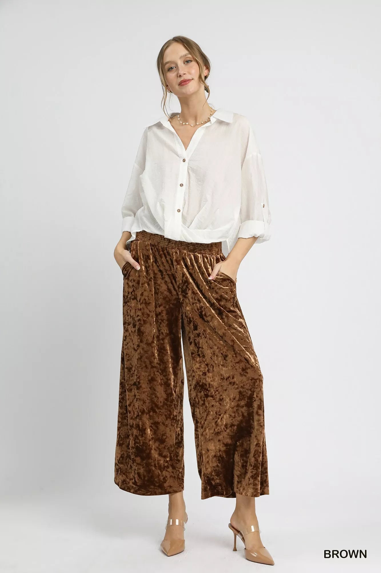 Umgee Velvet Wide-Leg Pants in Brown