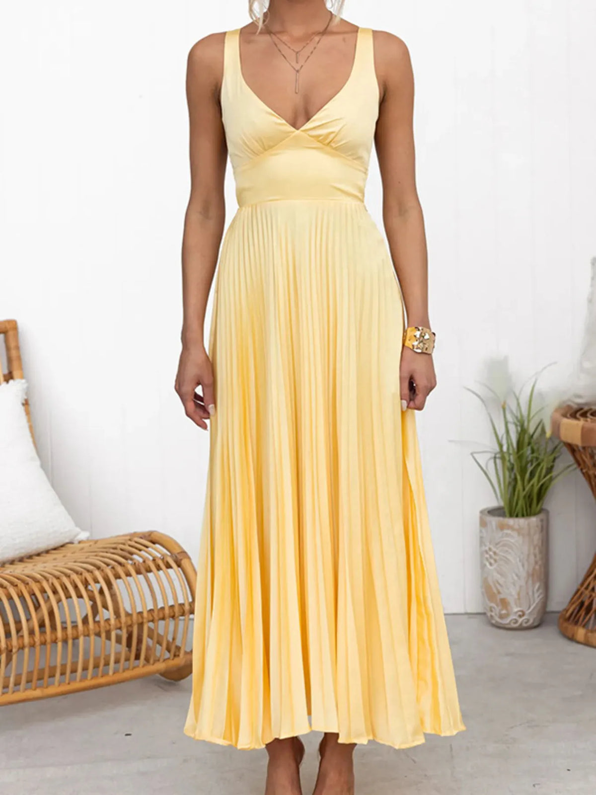 Pleated V-Neck Maxi Dress in Yellow