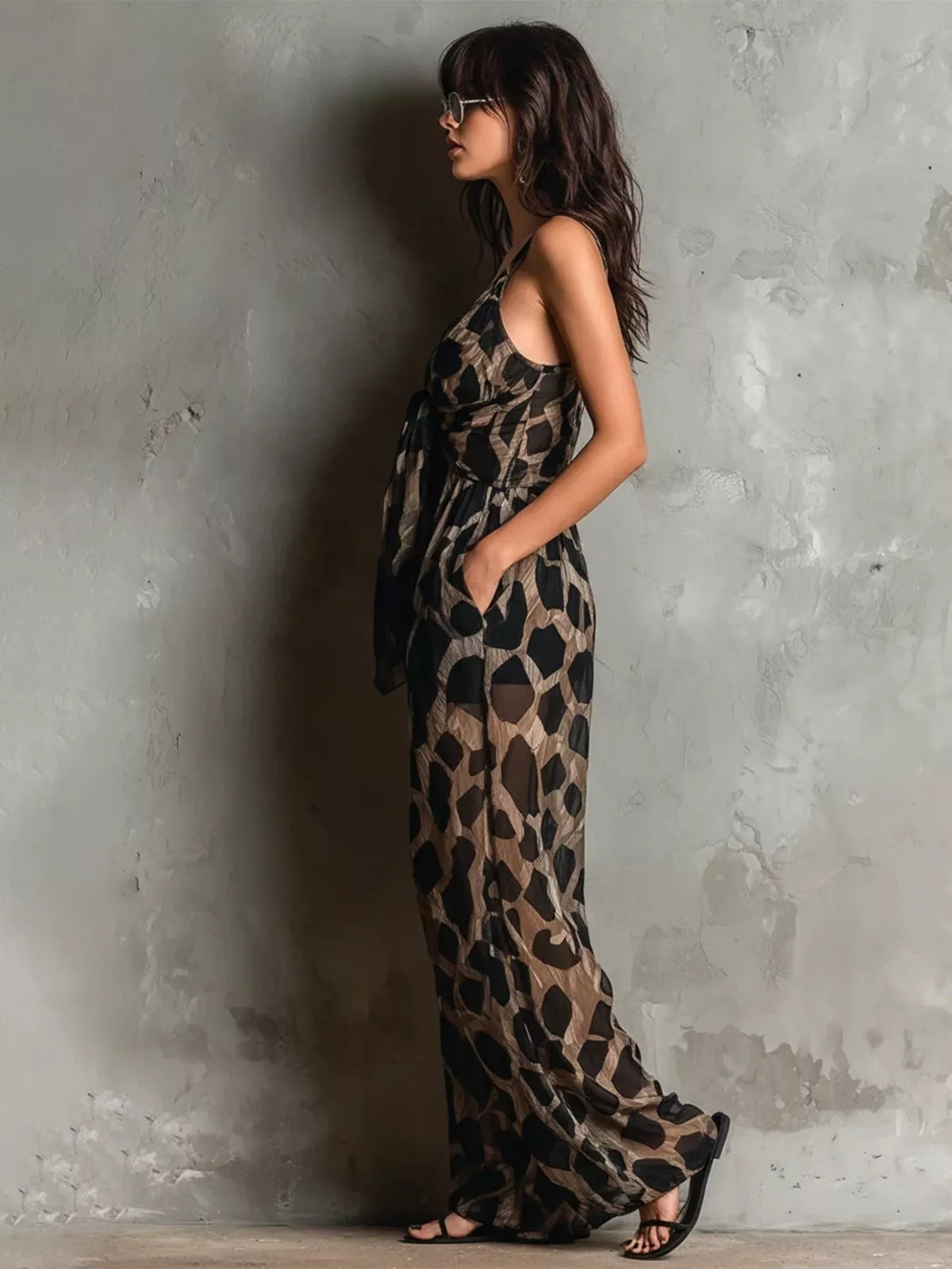 Leopard Front Tie Wide-Leg Jumpsuit in Taupe by Yvette