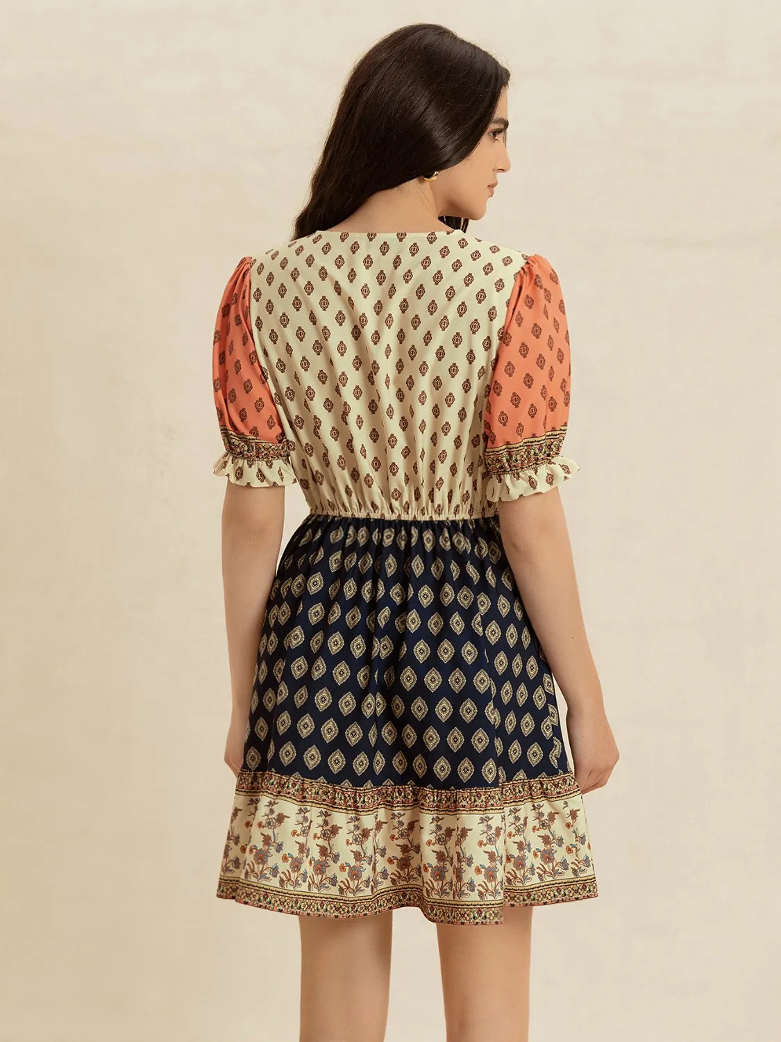 Printed V-Neck Ruched Dress in Tan