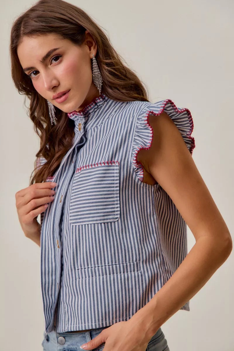 So Me Striped Ruffled Vest Top in Blue and Red in Blue/Red