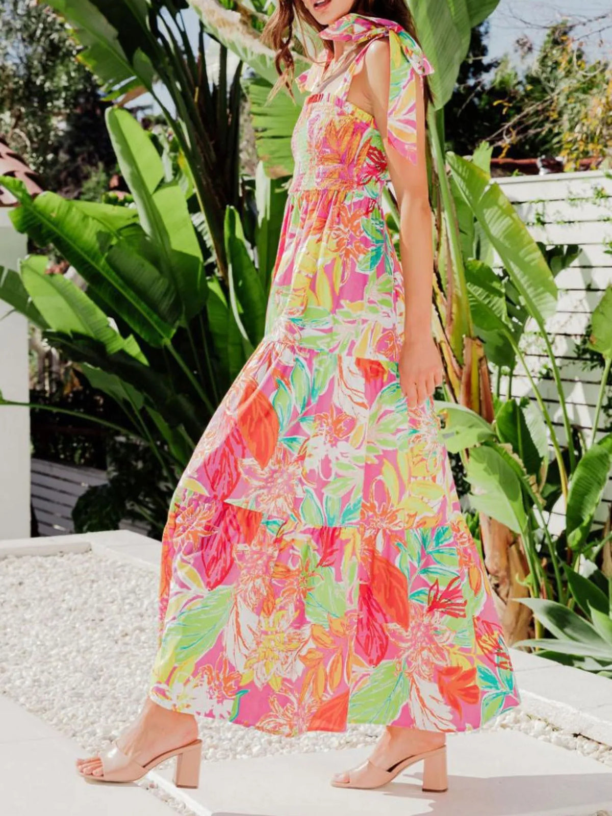 Tropical Print Tie-Shoulder Maxi Dress in Red