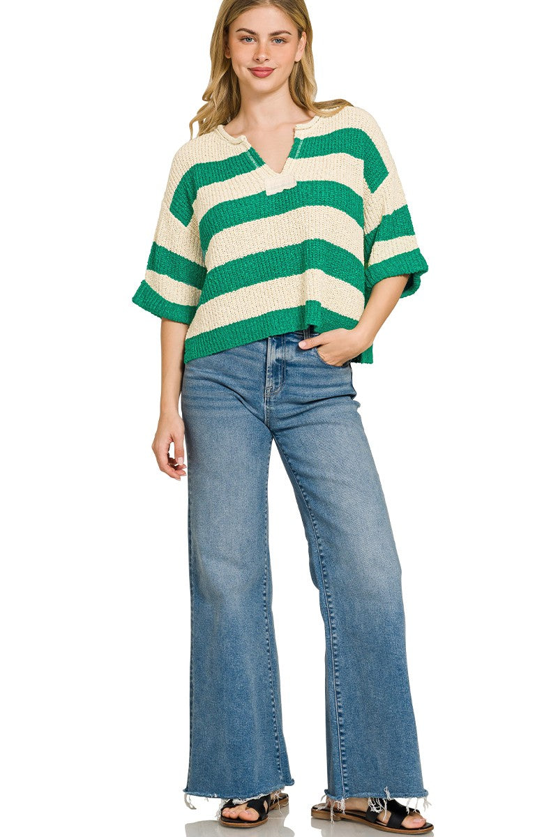 Zenana Split Neck Striped Sweater in K Green