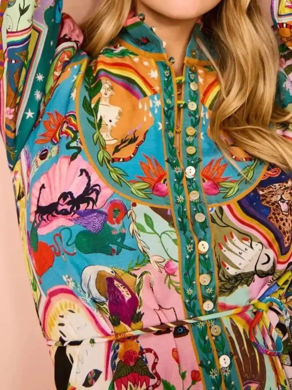 Printed Long Sleeve Mini Dress in Multicolor
