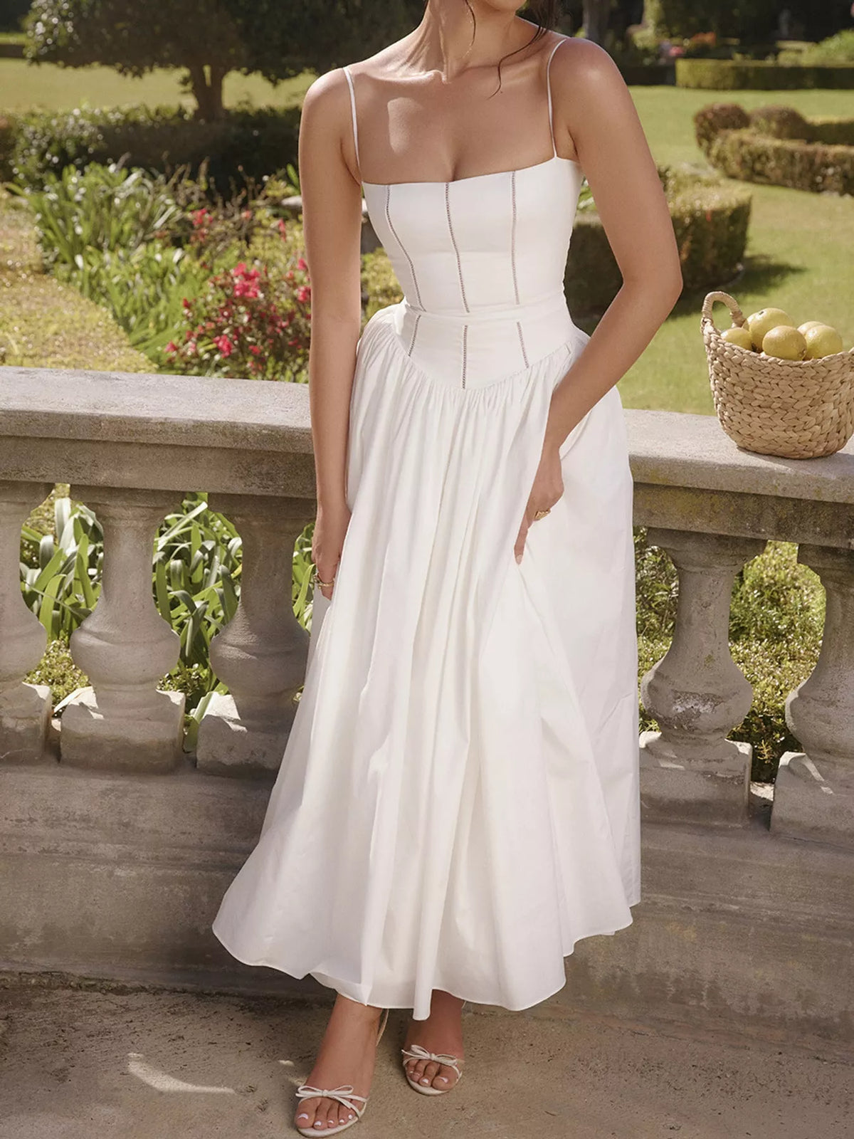 Floral Spaghetti Strap Midi Dress in White