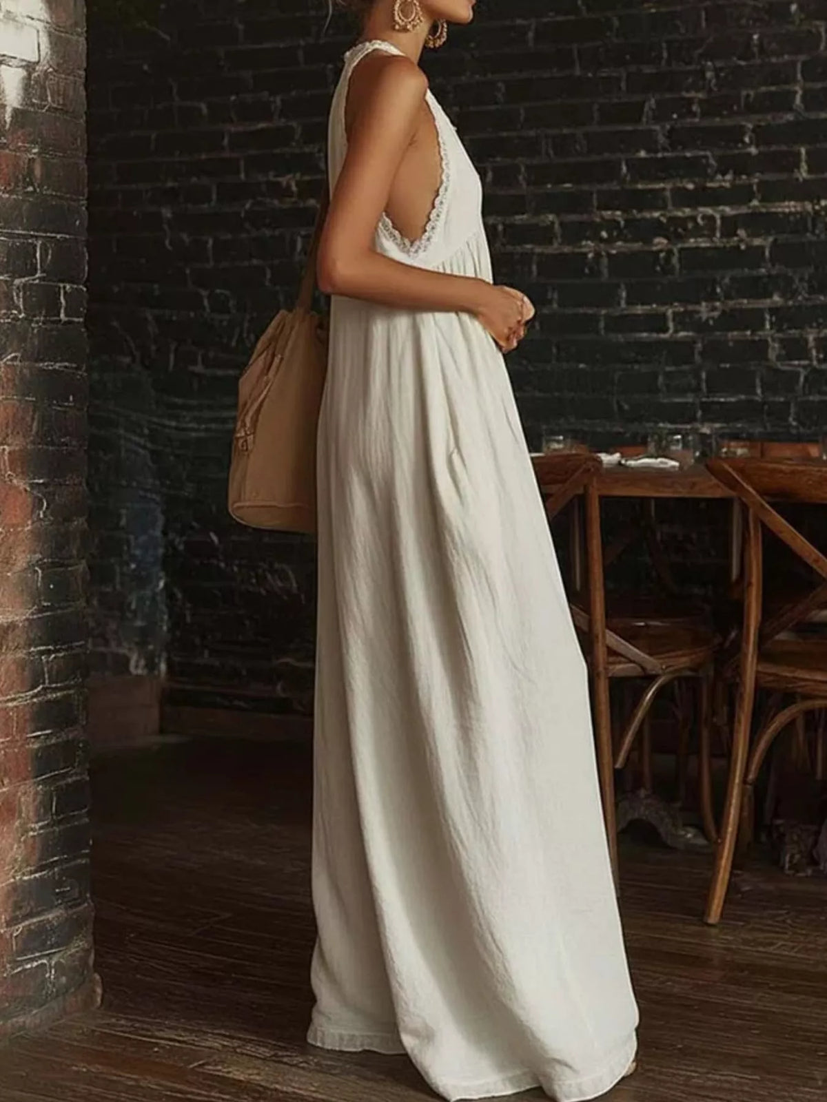 Halter Neck Lace-Trim Wide-Leg Jumpsuit