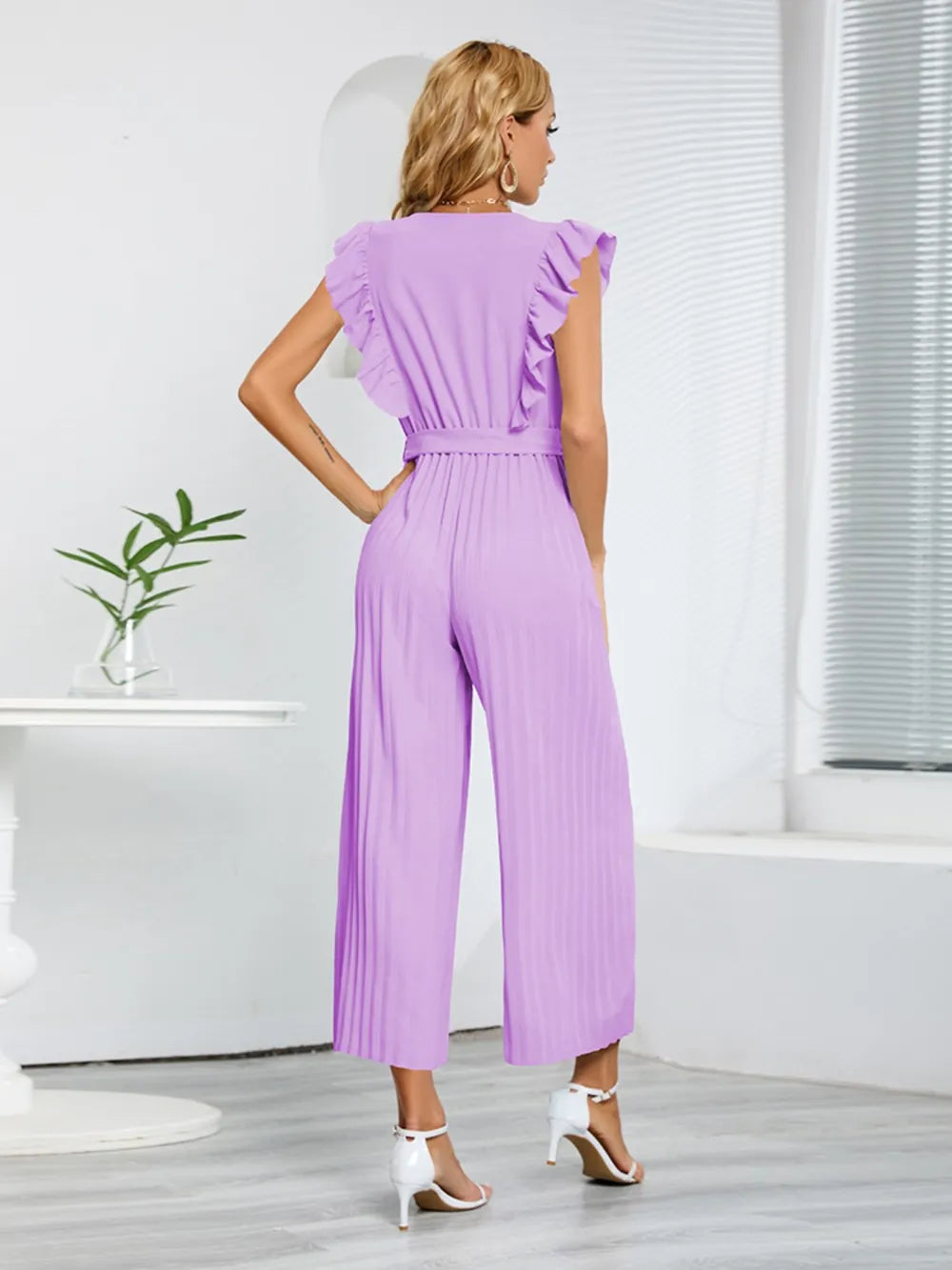 Ruffled Surplice Cap-Sleeve Jumpsuit