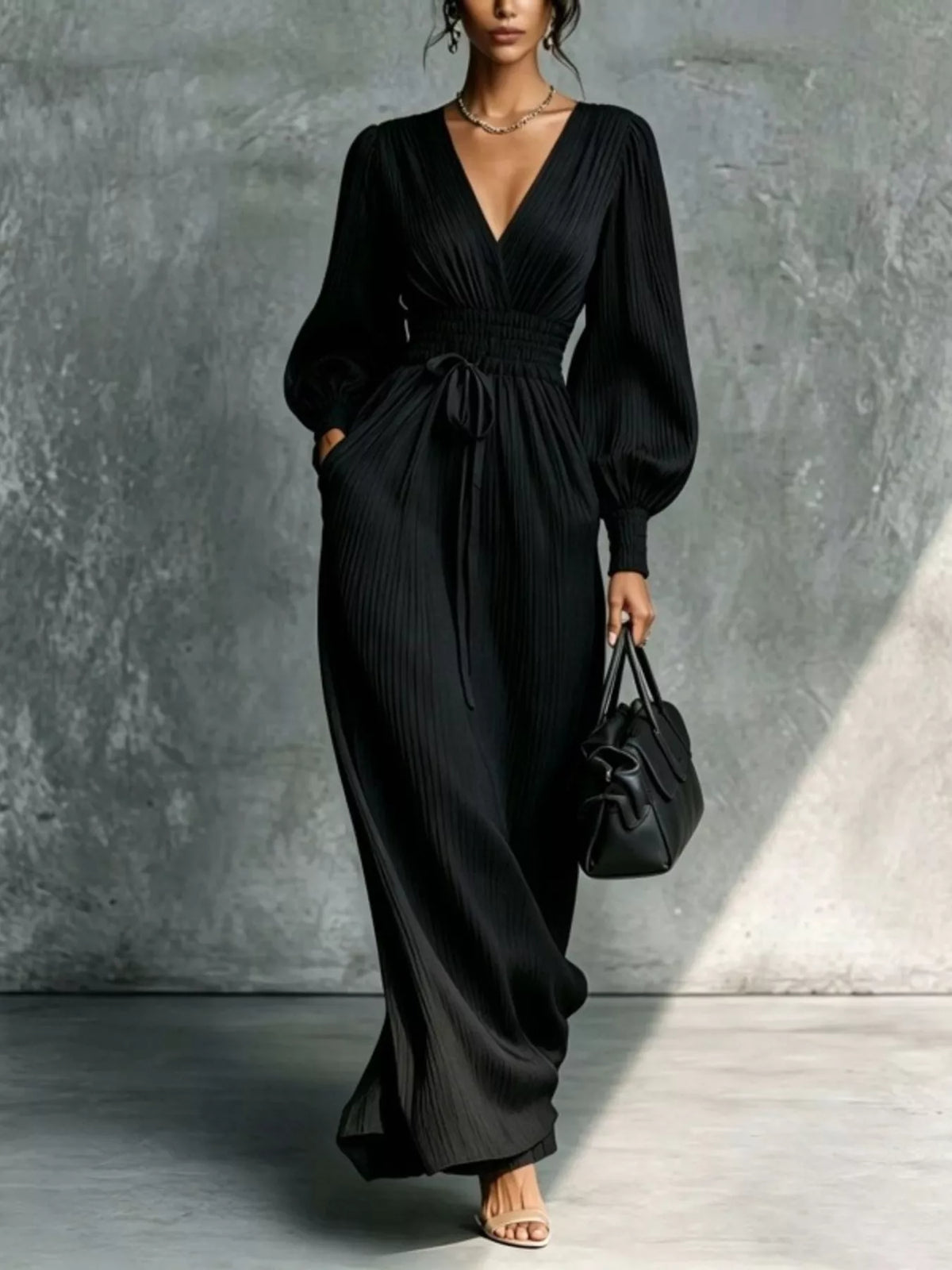 Pleated V-Neck Maxi Dress with Lantern Sleeves