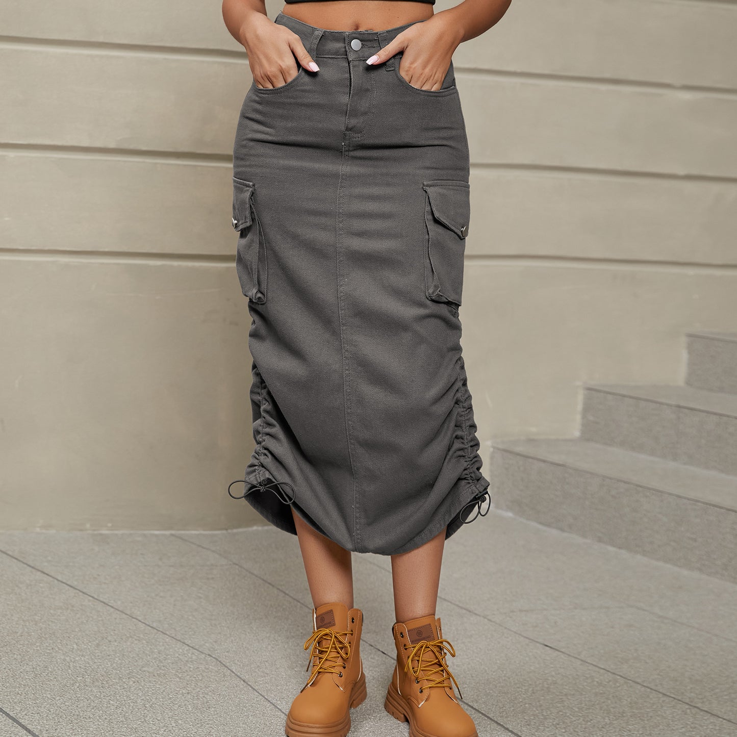 Drawstring Ruched Denim Midi Skirt by Manny