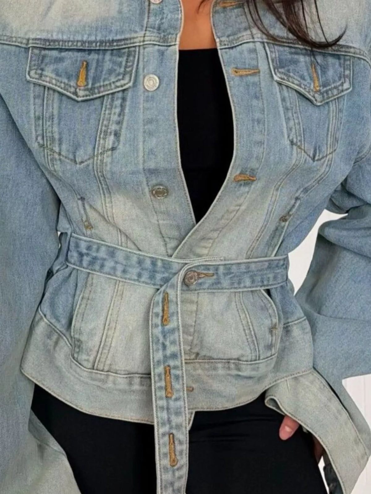 Vintage Wash Belted Denim Jacket in Blue