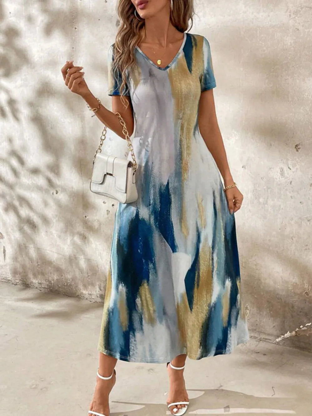 Tie-Dye V-Neck Pocketed Midi Tee Dress by Sara Roman