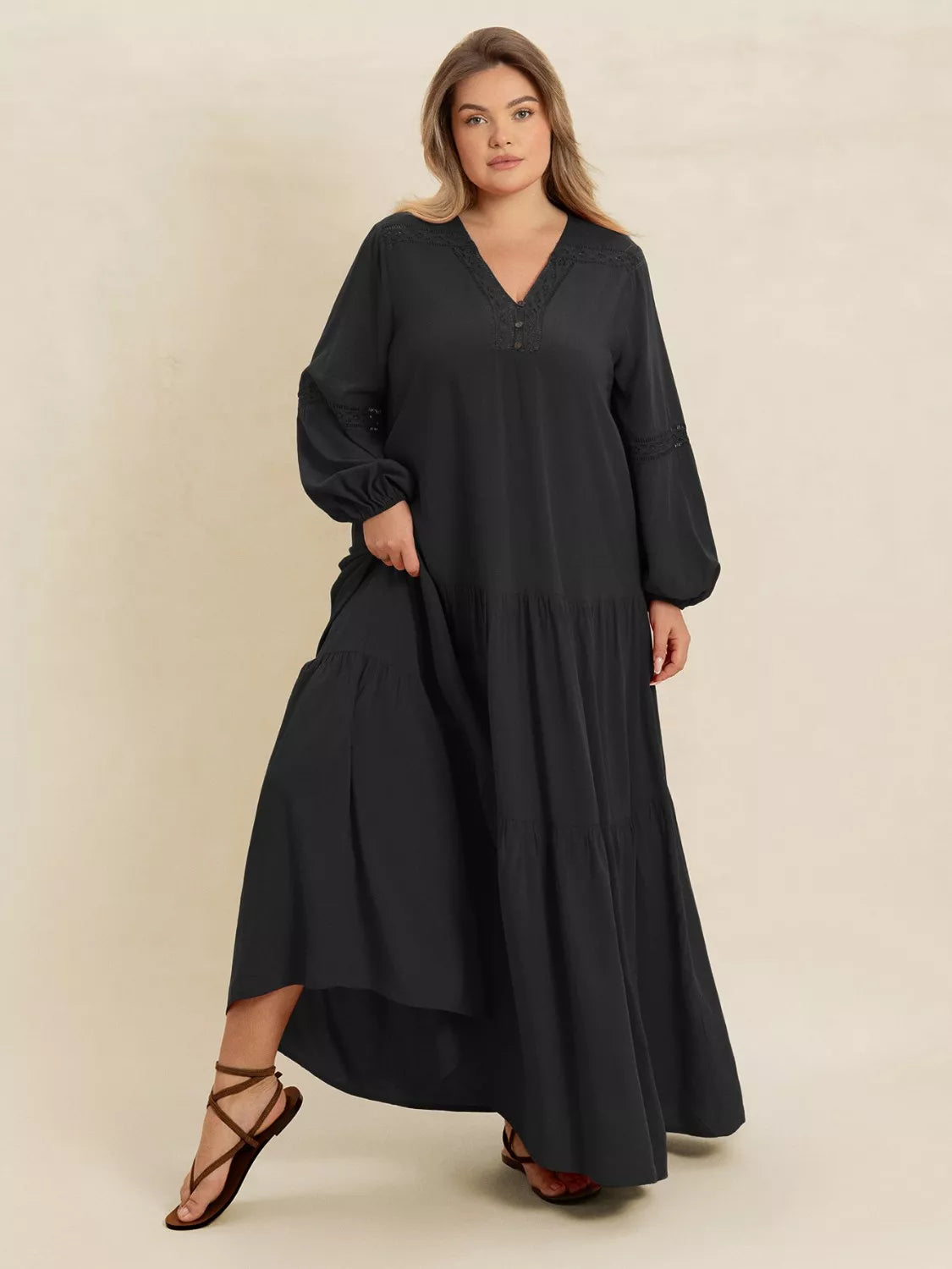 Bohemian Tiered Maxi Dress with Balloon Sleeves