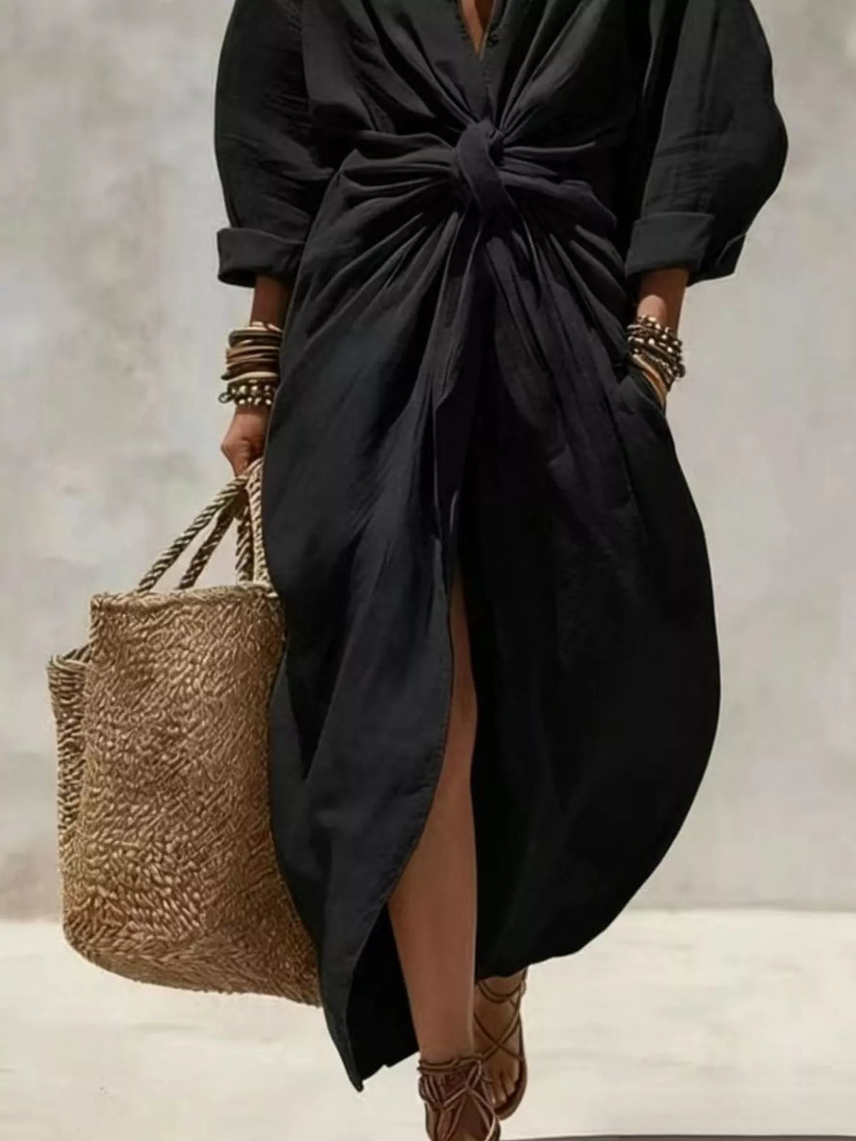 Front-Tie Maxi Shirt Dress