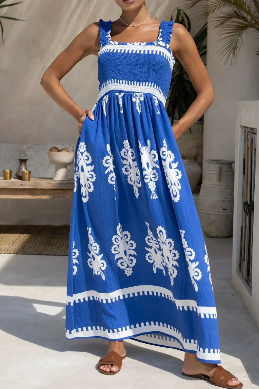 Printed Square Neck Cami Dress with Pockets