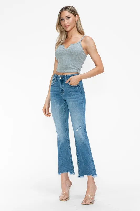 Raw Hem Distressed Mid Rise Crop Jeans in Medium Wash