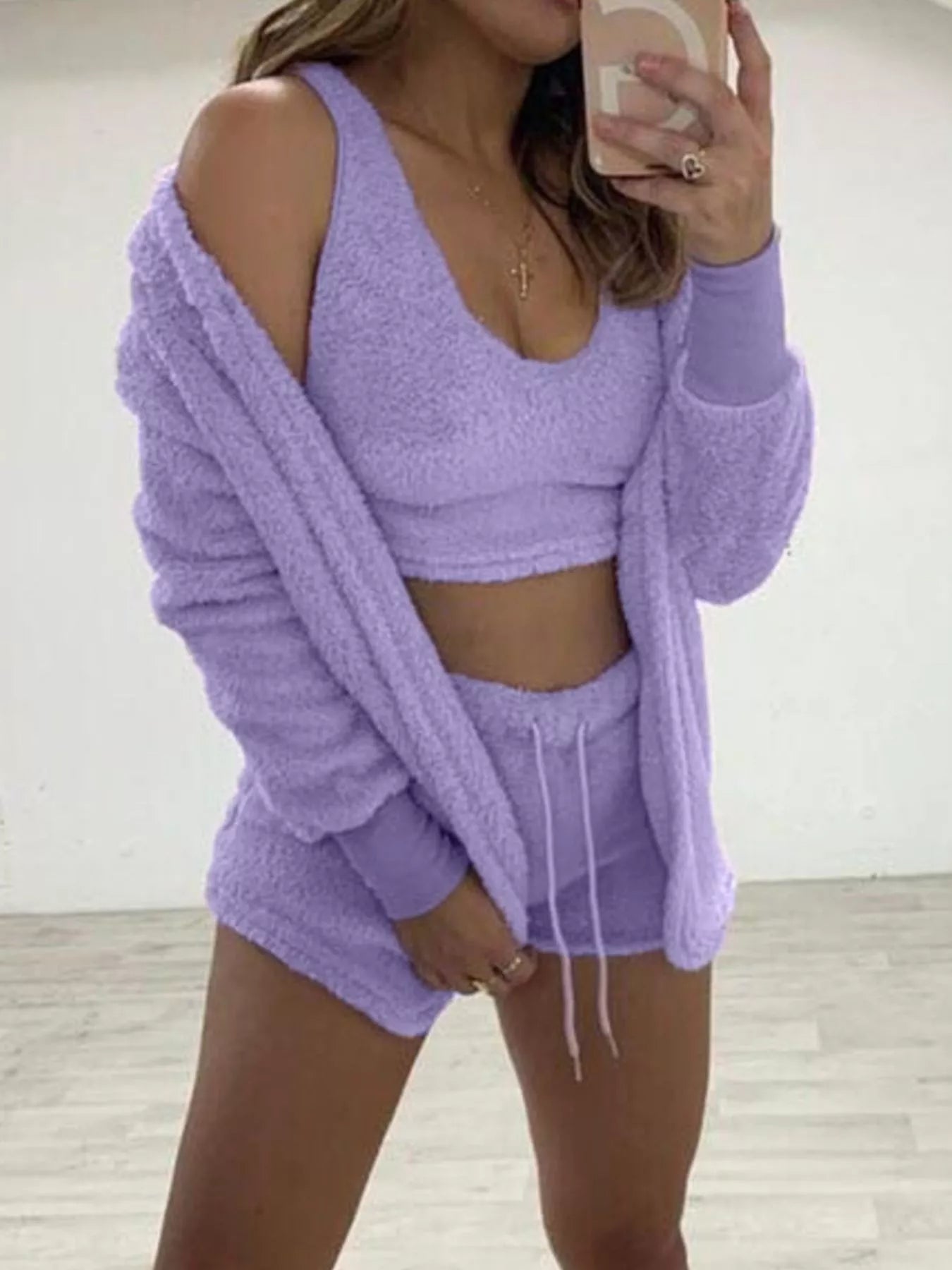 Fuzzy Tank, Cardigan & Shorts Three-Piece Set