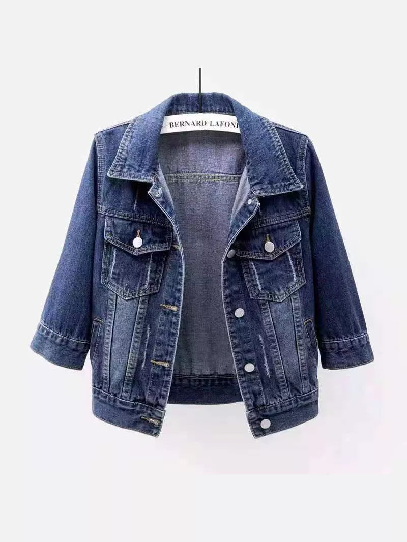 Distressed Mid-Sleeve Denim Jacket