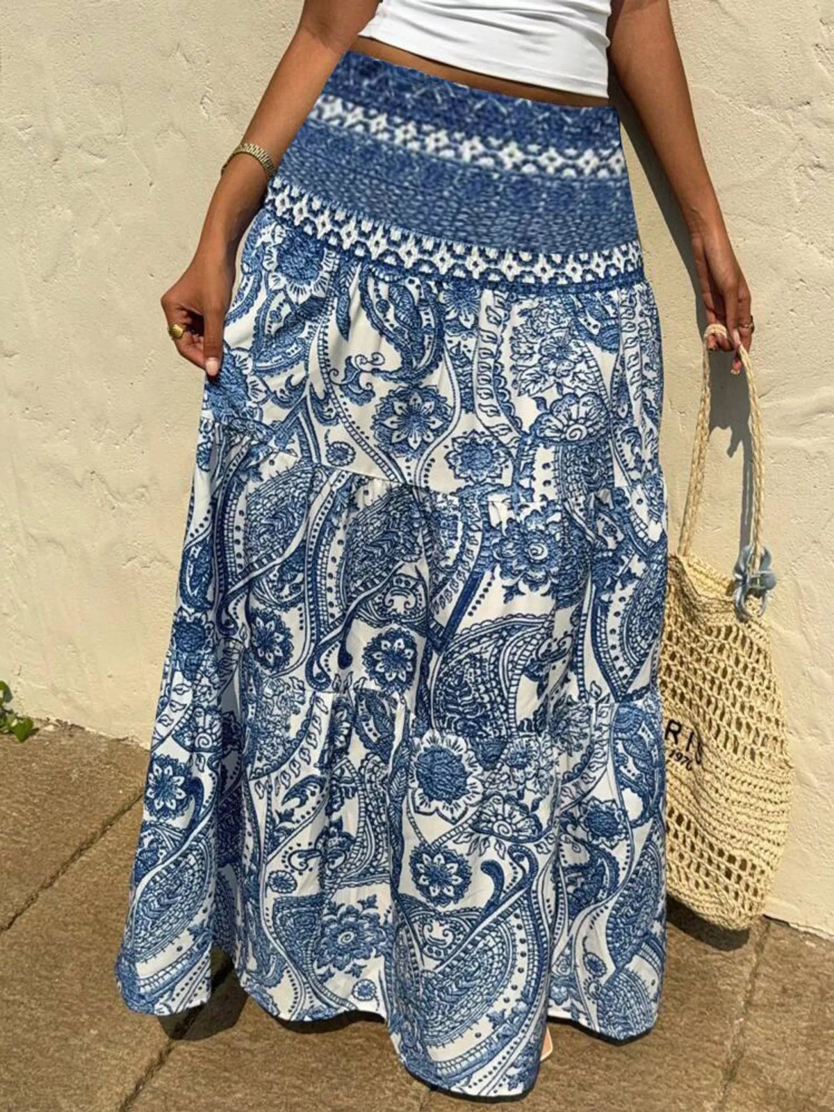 Paisley Print Tiered Maxi Skirt in Blue
