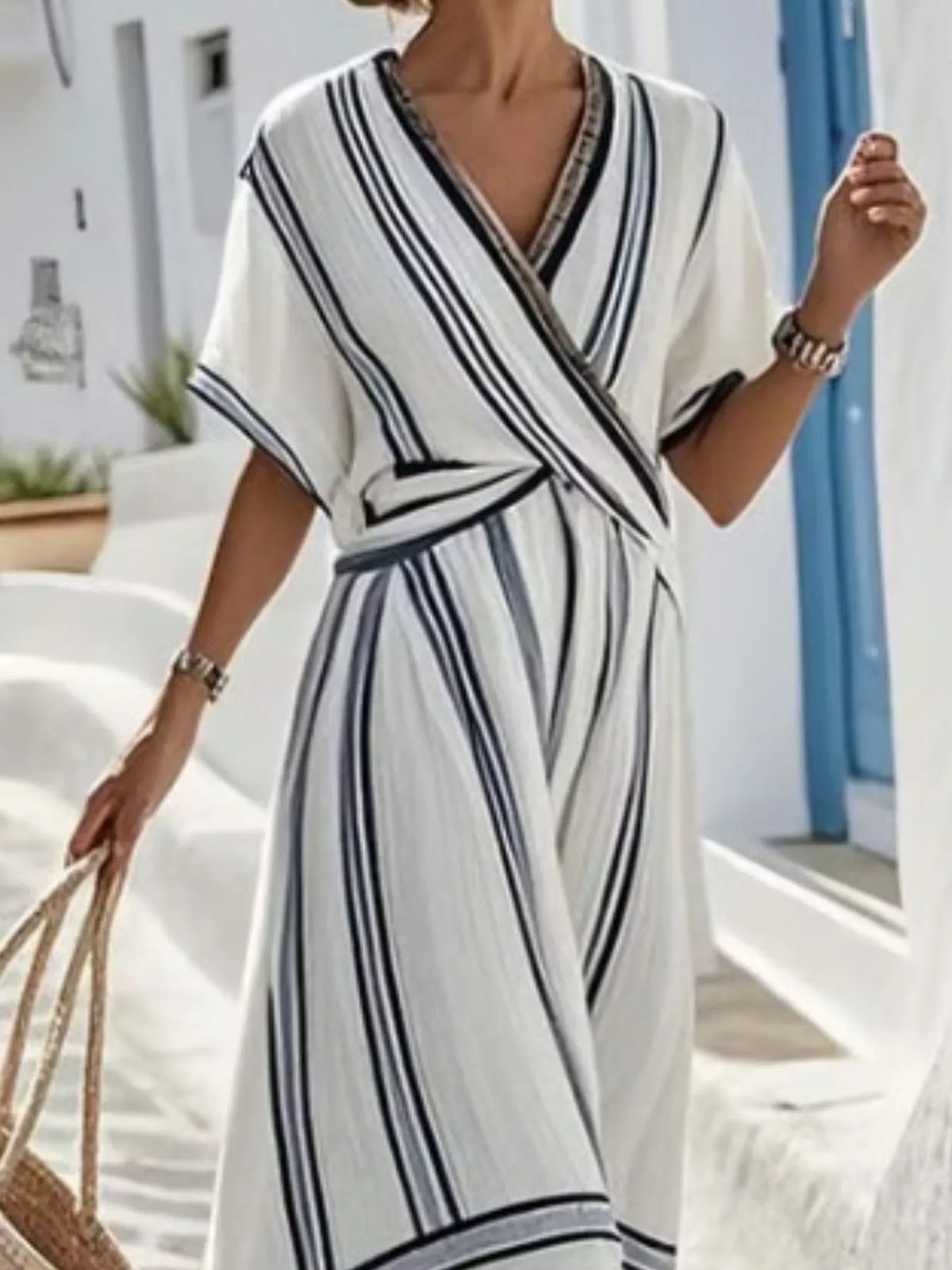 Striped Short Sleeve Wrap Maxi Dress