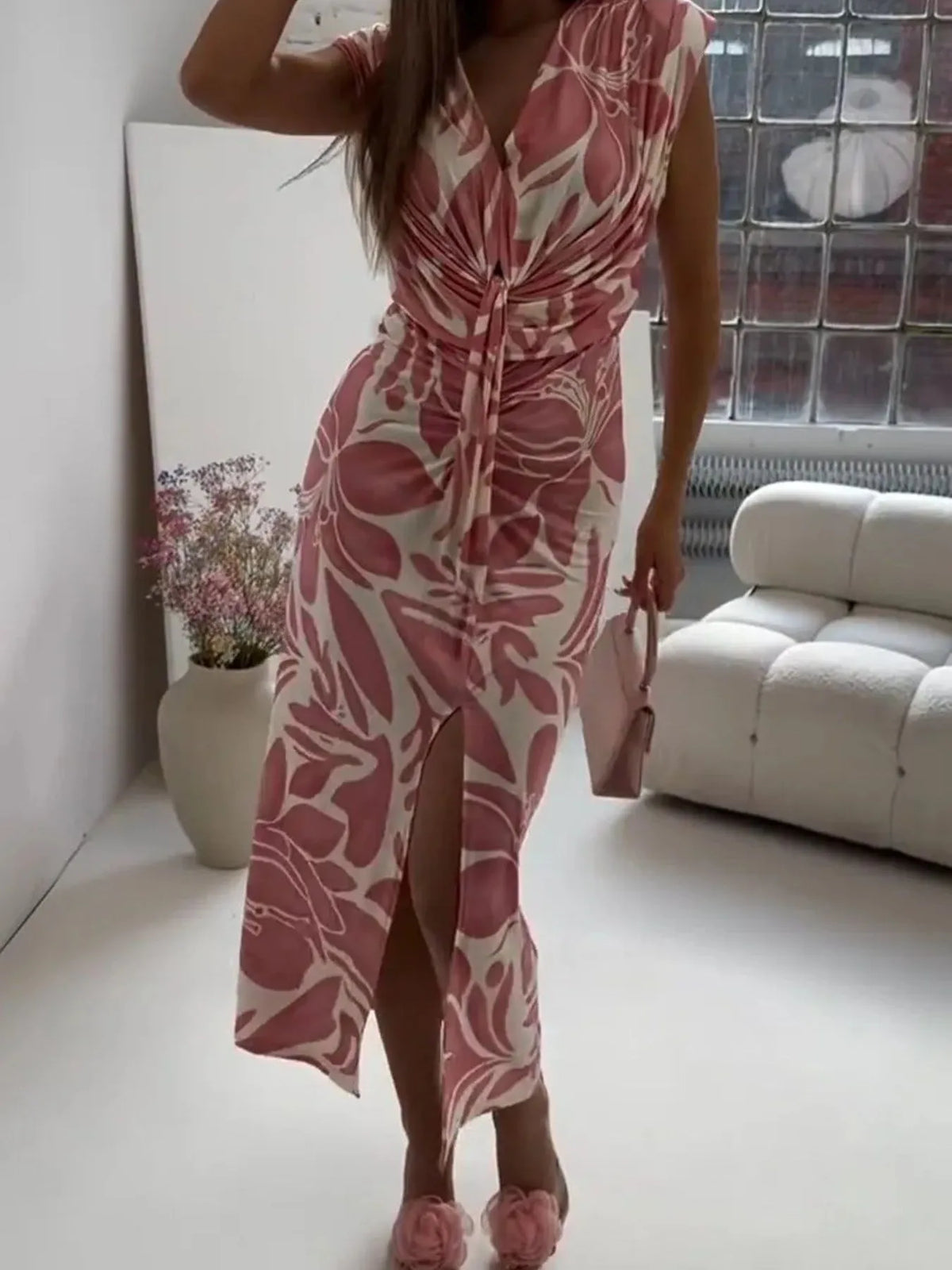 Slit Printed V-Neck Midi Dress