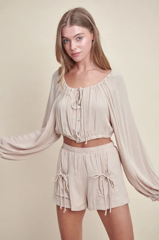 Gauze Button Crop Top and Shorts Set in Light Taupe in Lt Taupe