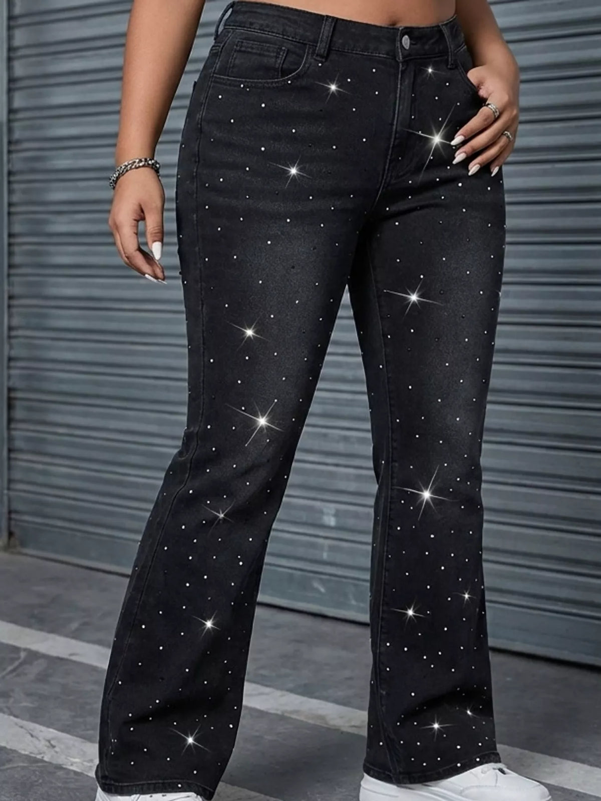 Rhinestone Embellished Flare Jeans in Black