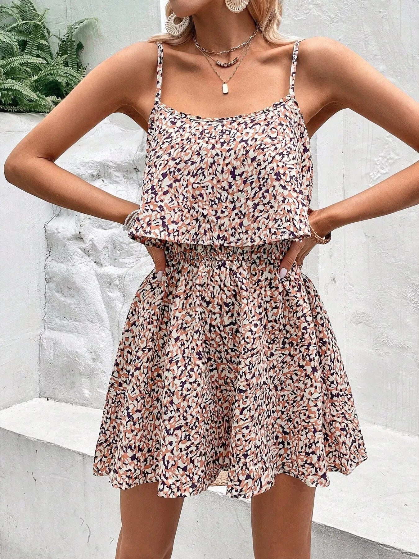 Printed Spaghetti Strap Romper in Brown