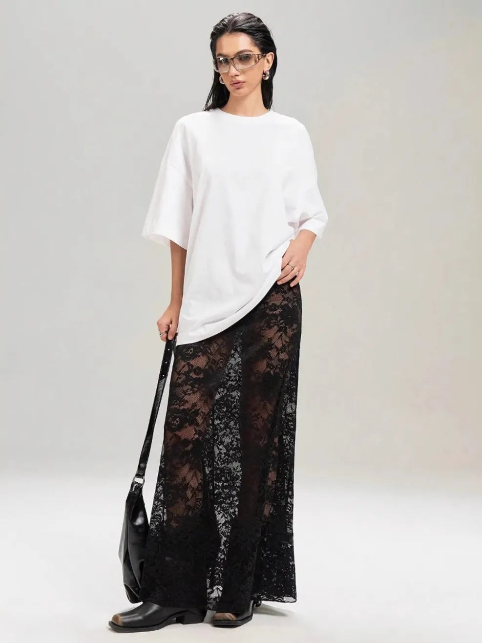 Sheer Lace Maxi Skirt in Black