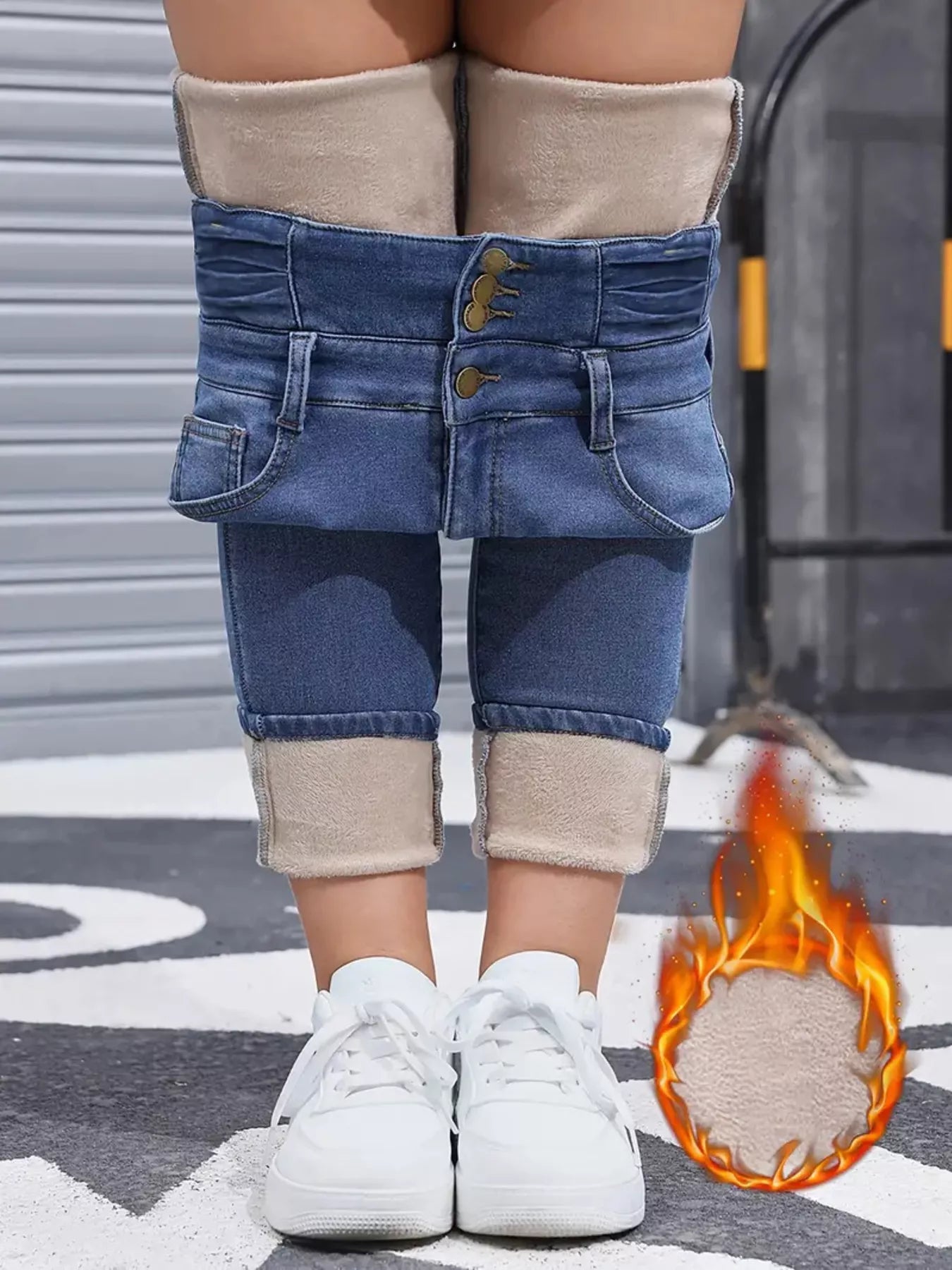 High-Waisted Slim Fit Fleece-Lined Jeans in Blue