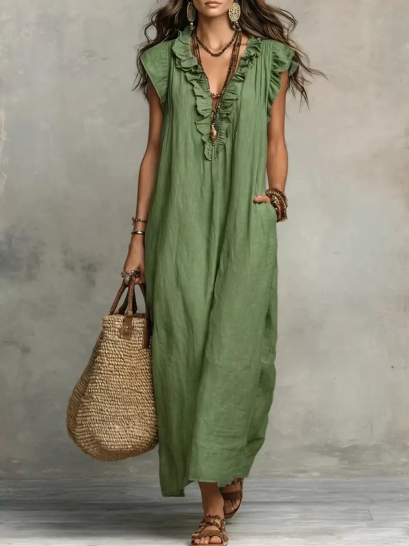 Ruffled V-Neck Cap Sleeve Maxi Dress Plus Size