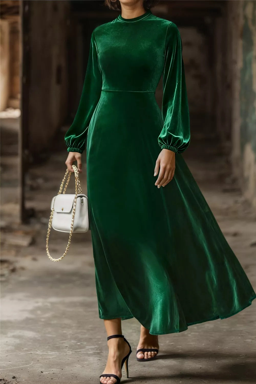 Velvet Balloon Sleeve Maxi Dress in Dark Green