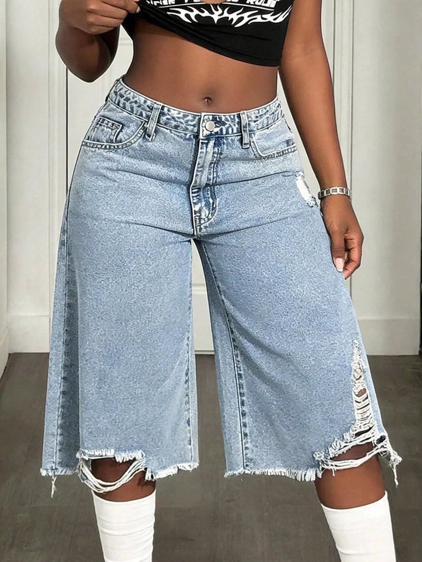 Distressed Wide-Leg Denim Shorts in Light Blue